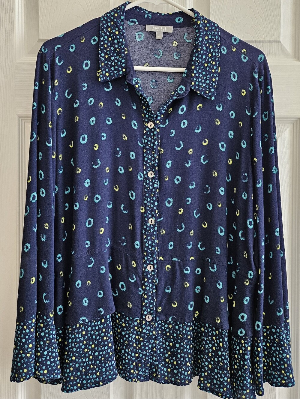 Habitat Large Blouse Navy Aqua Mixed Prints Long Sleeve